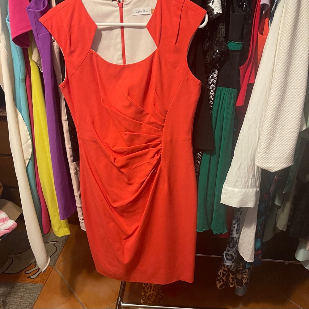 Calvin Klein flattering shift dress with ruching in peach